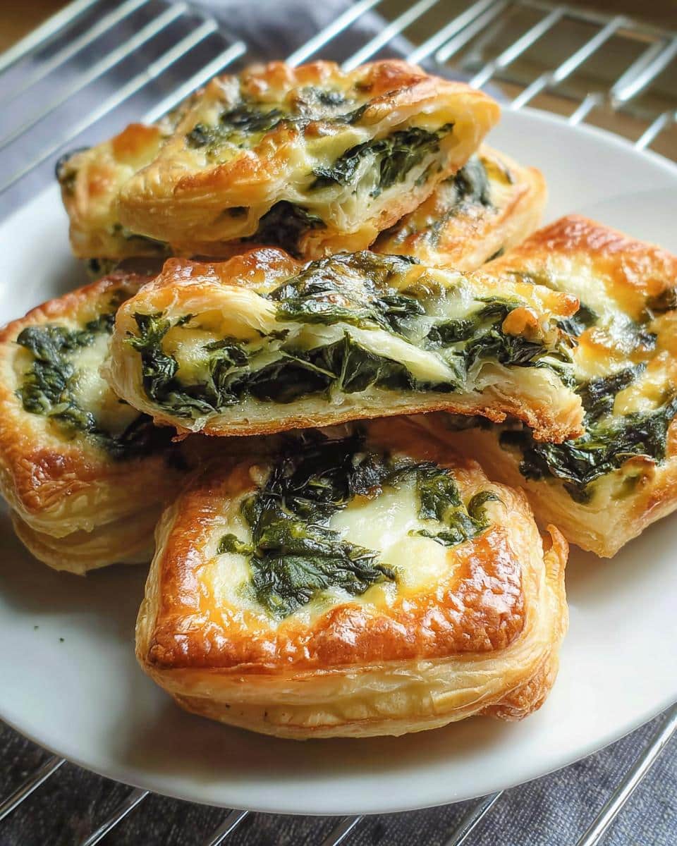 Close-up of golden Cheesy Spinach Puff Pastry Bites stacked on a white plate, showing flaky pastry and melted cheese.