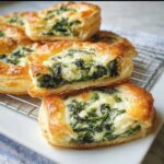 Close-up of Cheesy Spinach Puff Pastry Bites, showing flaky pastry filled with spinach and melted cheese.