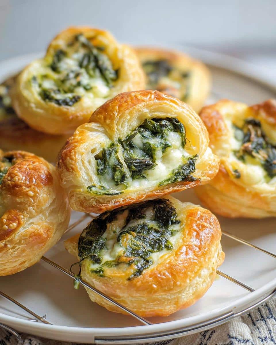 Close-up of golden brown Cheesy Spinach Puff Pastry Bites, filled with melted cheese and spinach.