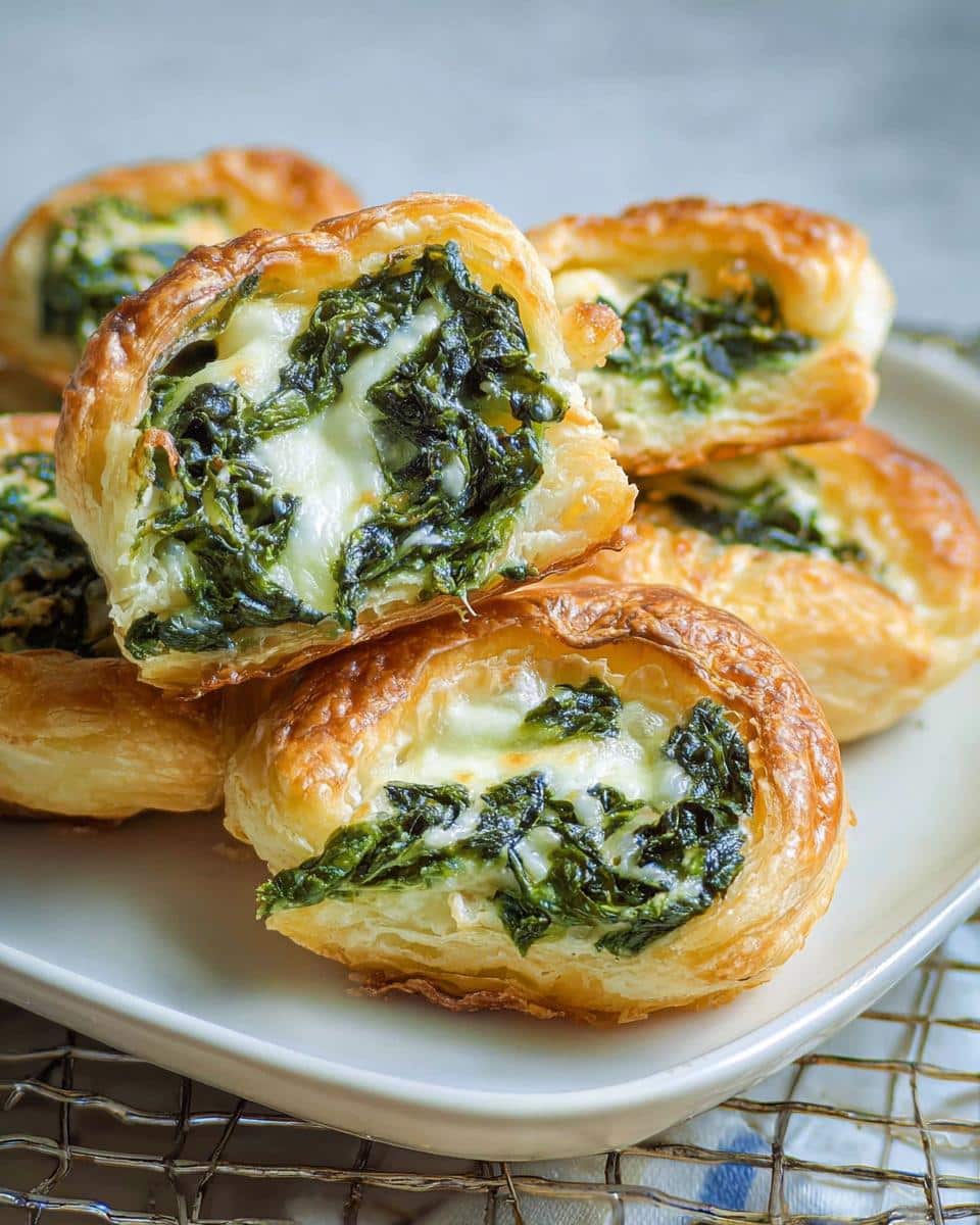 Close-up of Cheesy Spinach Puff Pastry Bites, showing flaky pastry filled with spinach and melted cheese.