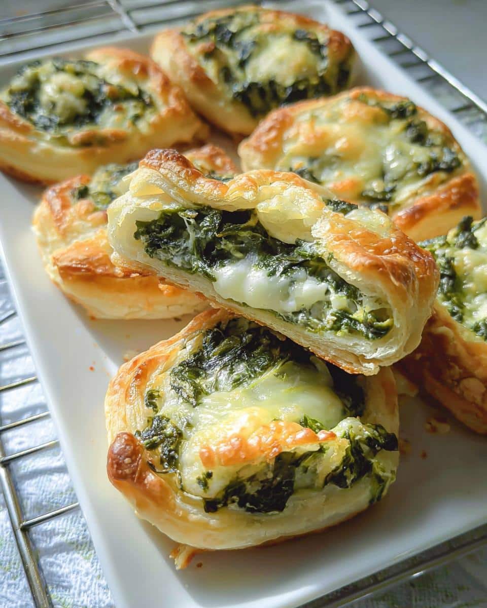 Close-up of Cheesy Spinach Puff Pastry Bites, showing flaky pastry filled with spinach and melted cheese.