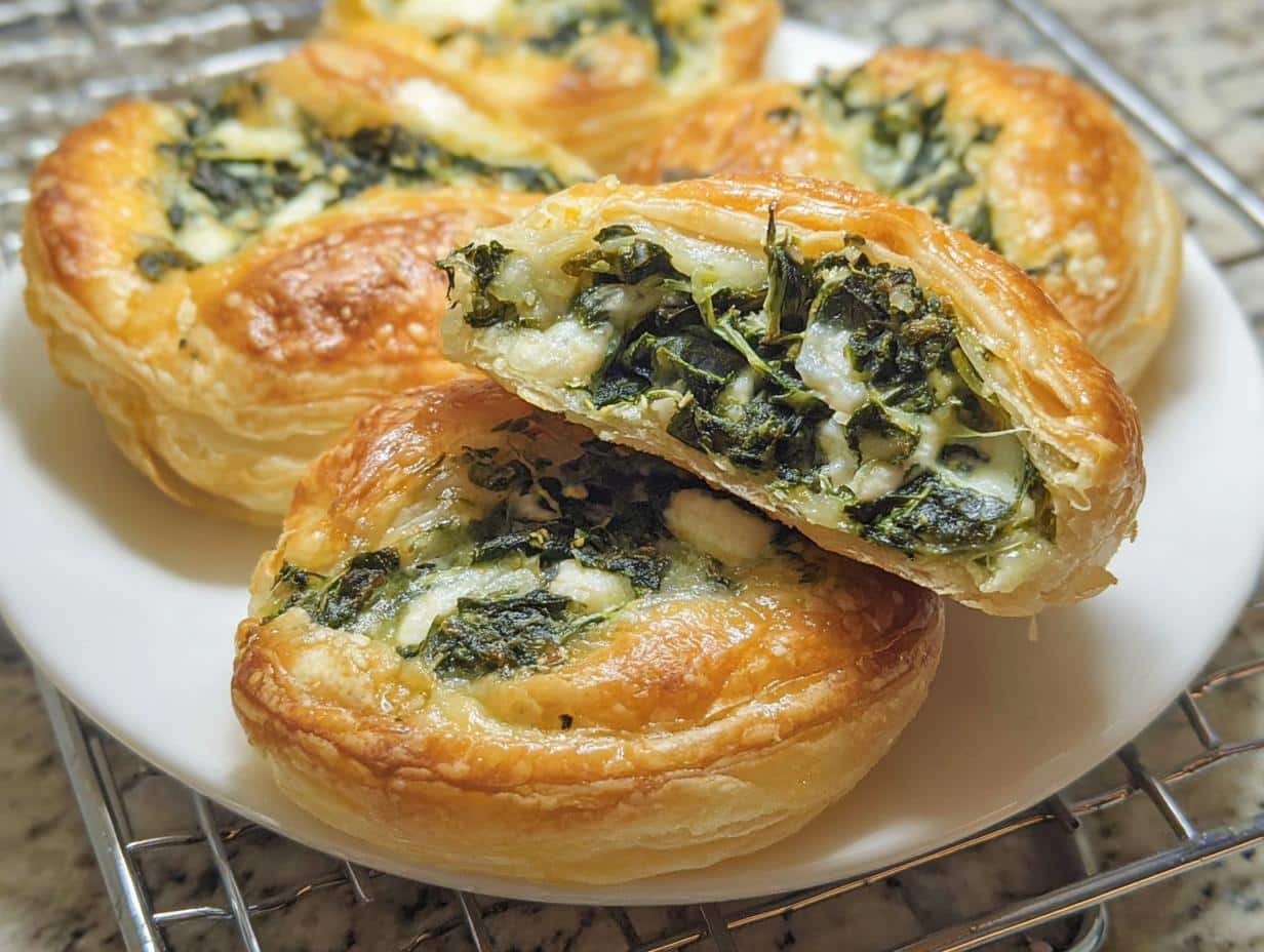 A close-up of Cheesy Spinach Puff Pastry Bites, one cut in half to reveal the spinach and cheese filling.