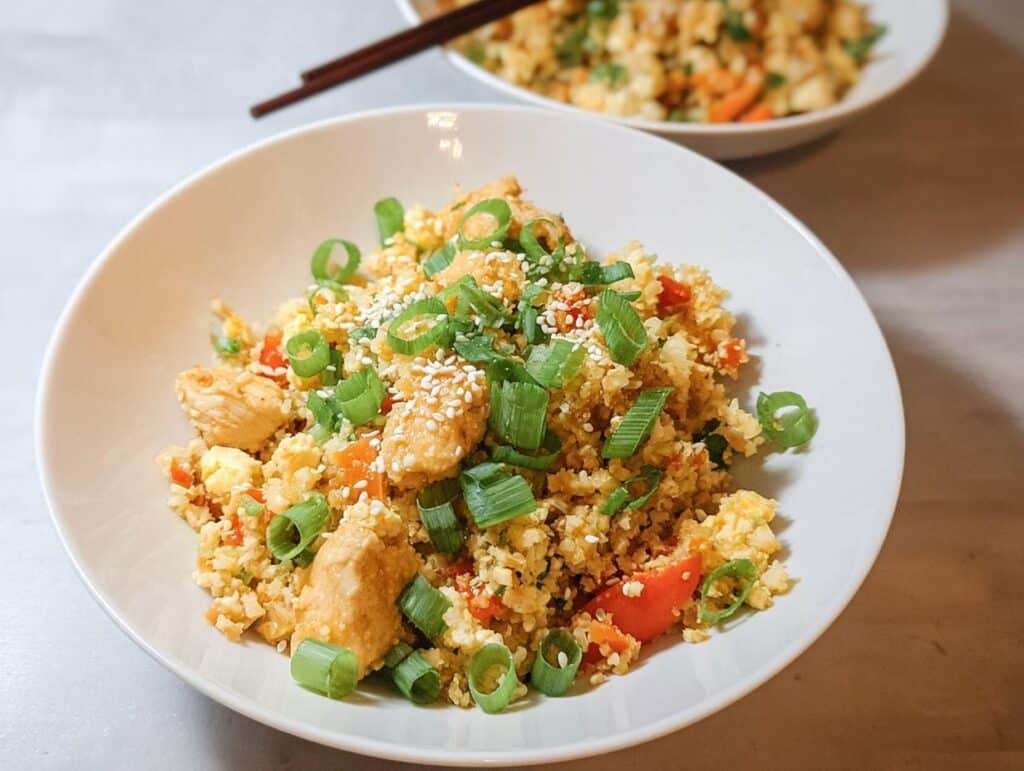 A close-up of a bowl of Chicken and Cauliflower Fried Rice, garnished with green onions and sesame seeds.