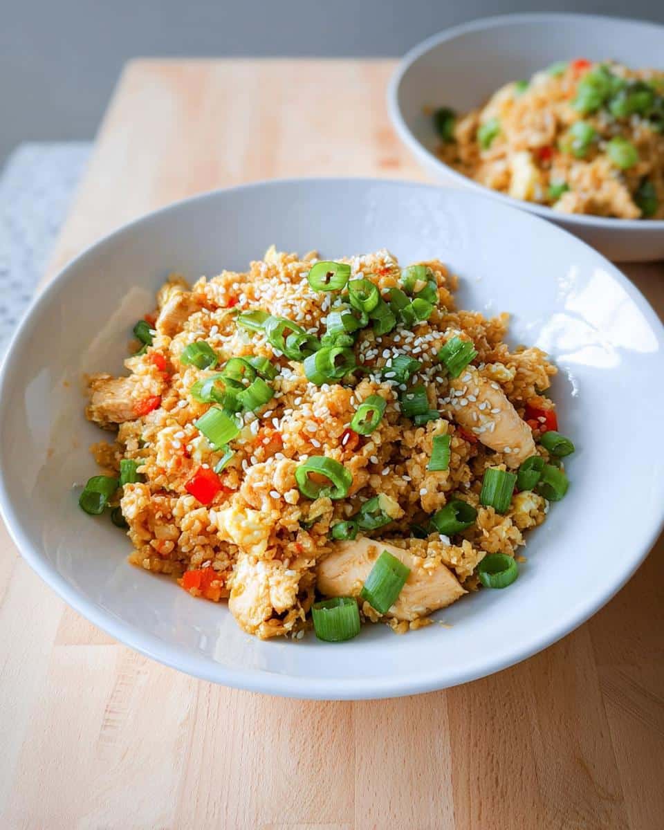 A close-up of a bowl filled with Chicken and Cauliflower Fried Rice, topped with green onions and sesame seeds.