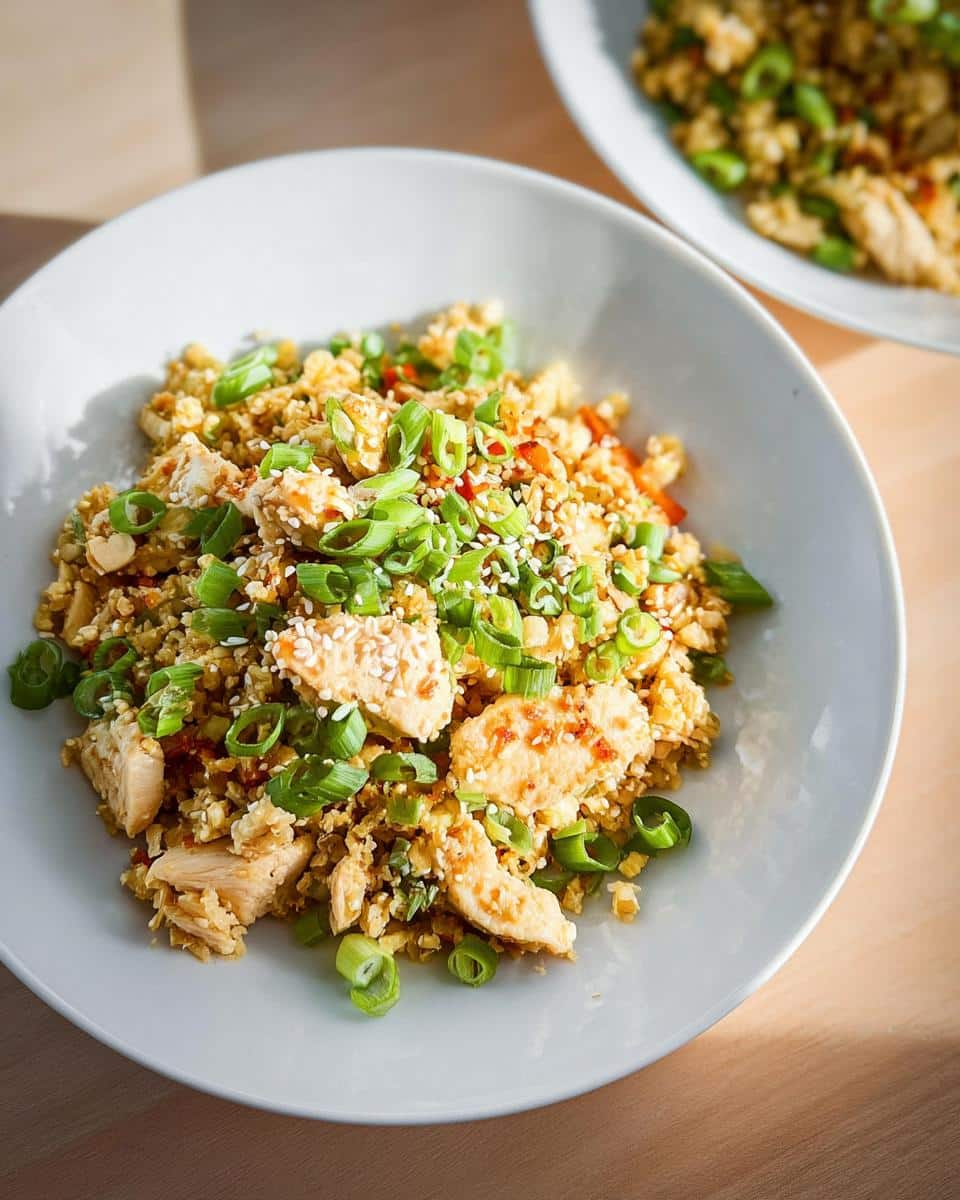 Close-up of a bowl of Chicken and Cauliflower Fried Rice topped with sesame seeds and chopped green onions.