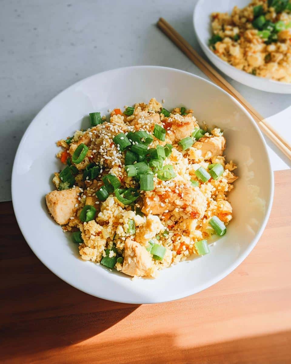 A close-up of a white bowl filled with Chicken and Cauliflower Fried Rice, topped with green onions and sesame seeds.