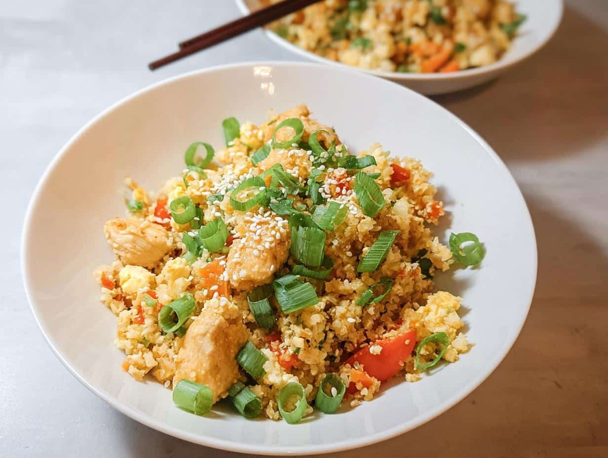 A close-up of a bowl of Chicken and Cauliflower Fried Rice, garnished with green onions and sesame seeds.