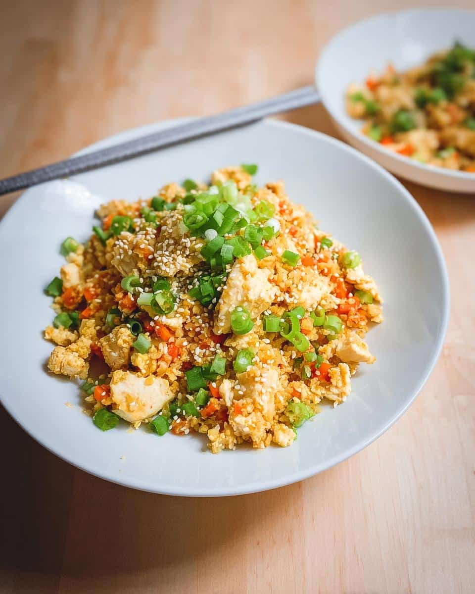 A close-up of Chicken and Cauliflower Fried Rice, topped with green onions and sesame seeds, served on a white plate.