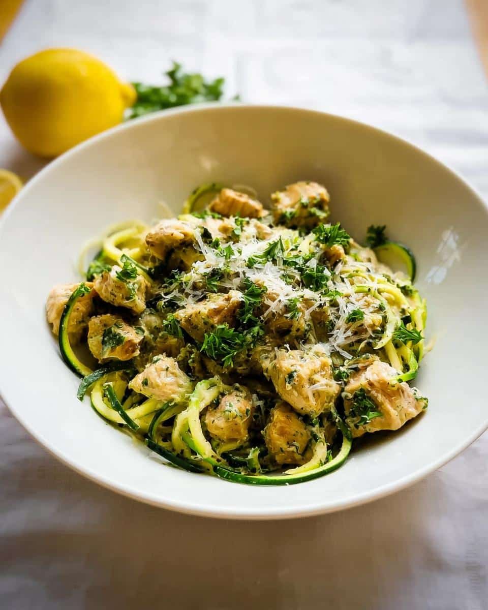A close-up of a white bowl filled with creamy Chicken Zoodle Alfredo, topped with fresh parsley and grated Parmesan cheese.