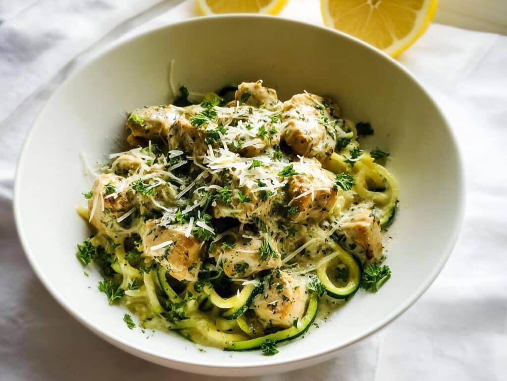 A close-up of creamy Chicken Zoodle Alfredo in a white bowl, topped with Parmesan and parsley.