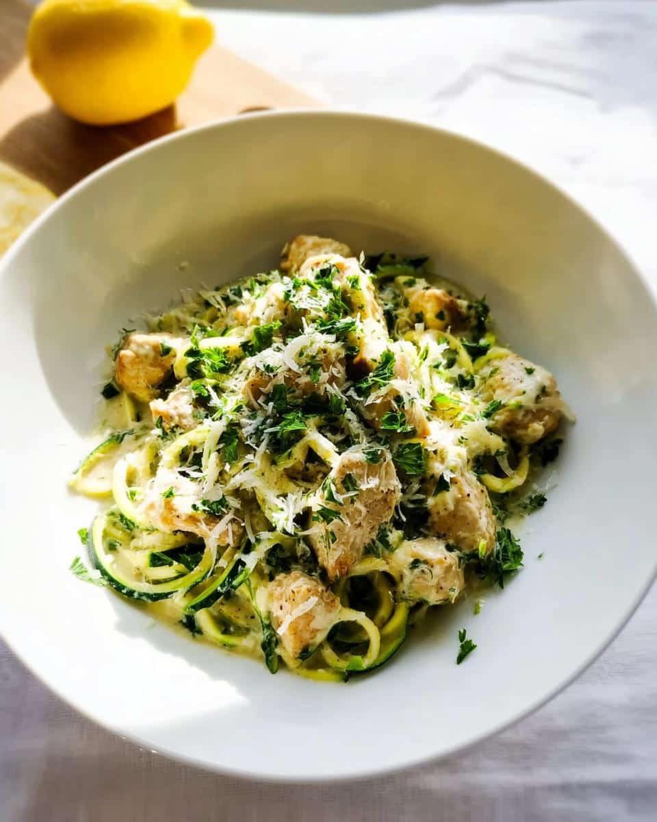 A close-up of a white bowl filled with creamy Chicken Zoodle Alfredo, topped with fresh parsley and grated Parmesan cheese.