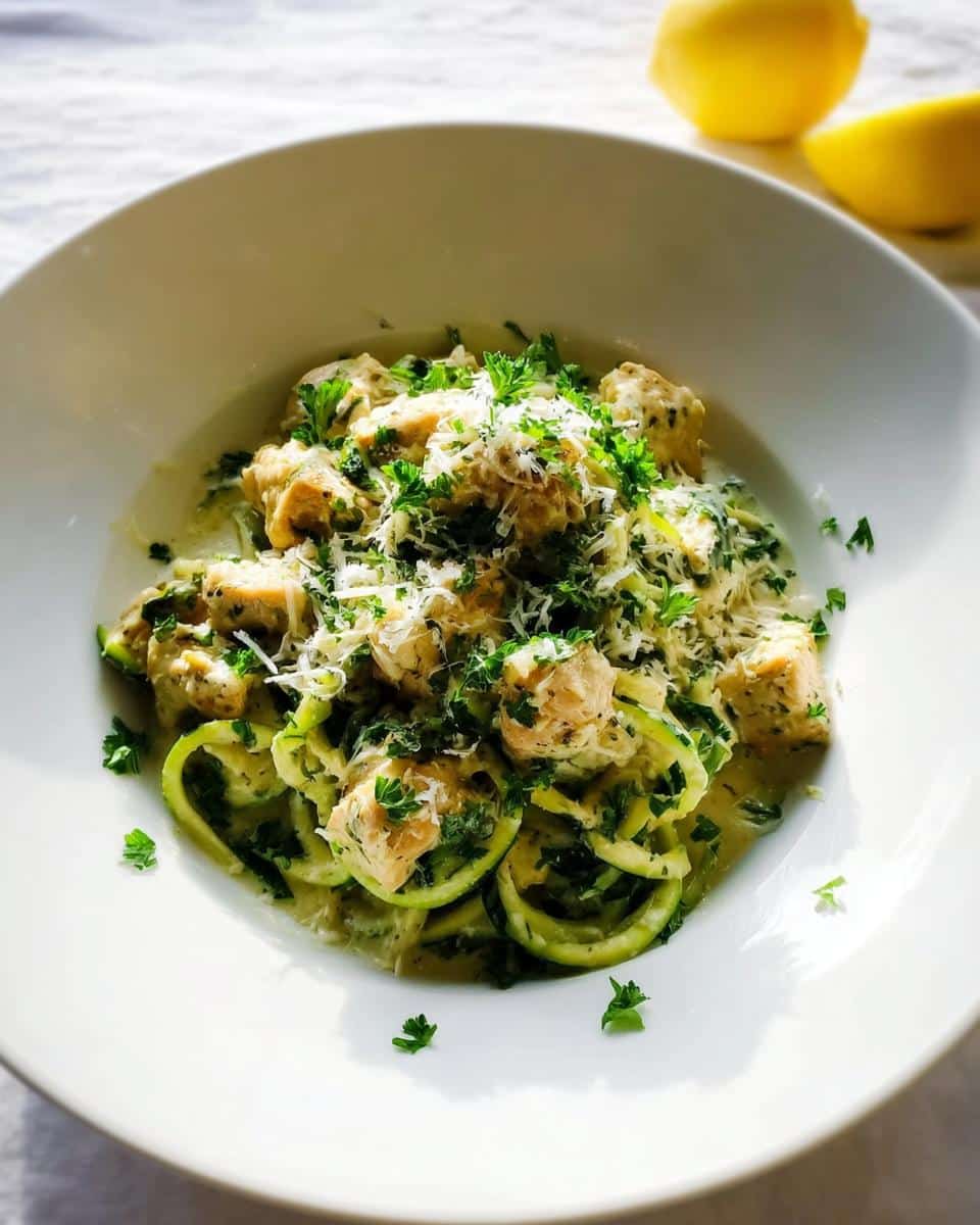 A bowl of creamy Chicken Zoodle Alfredo topped with grated Parmesan cheese and fresh parsley.