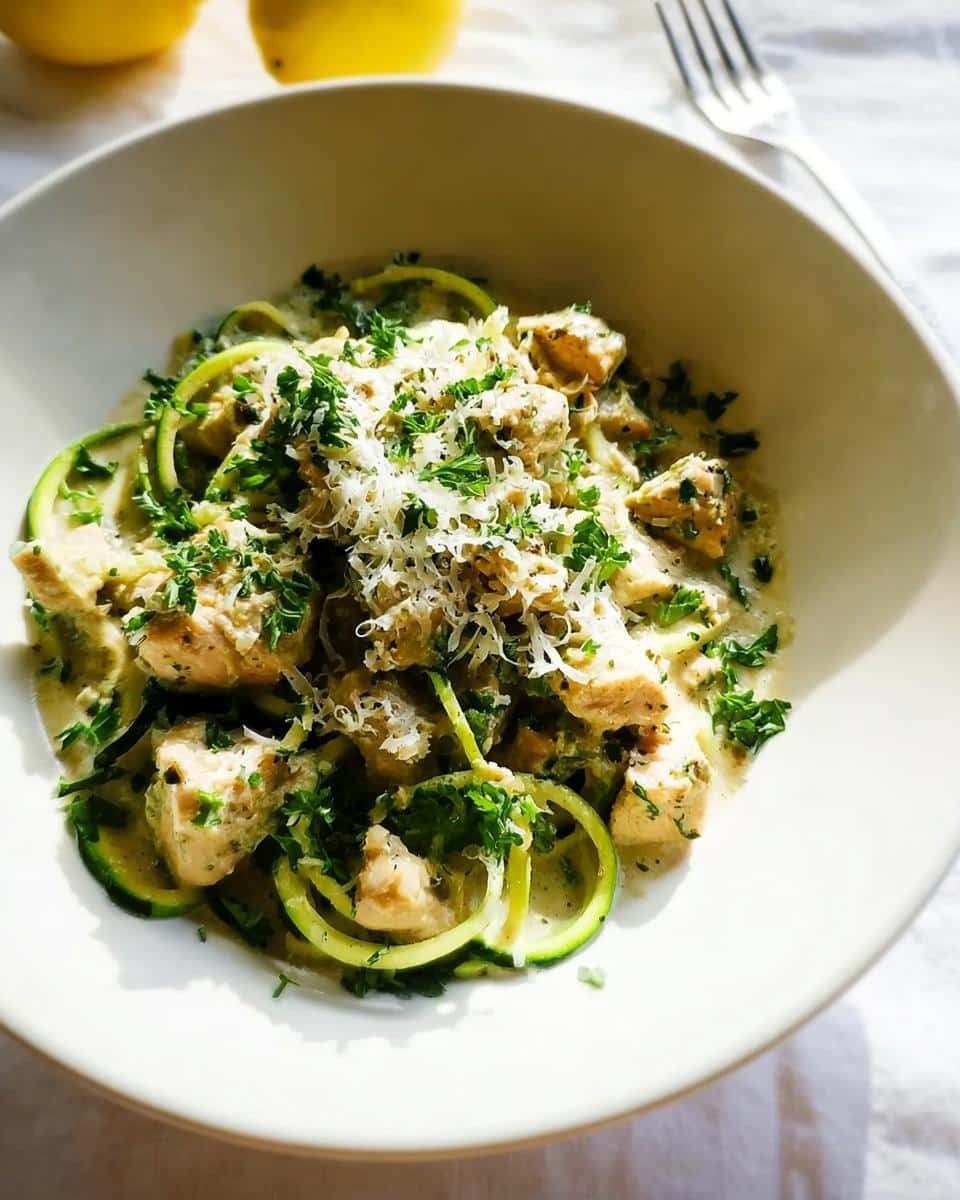 A bowl of creamy Chicken Zoodle Alfredo topped with fresh parsley and grated Parmesan cheese.
