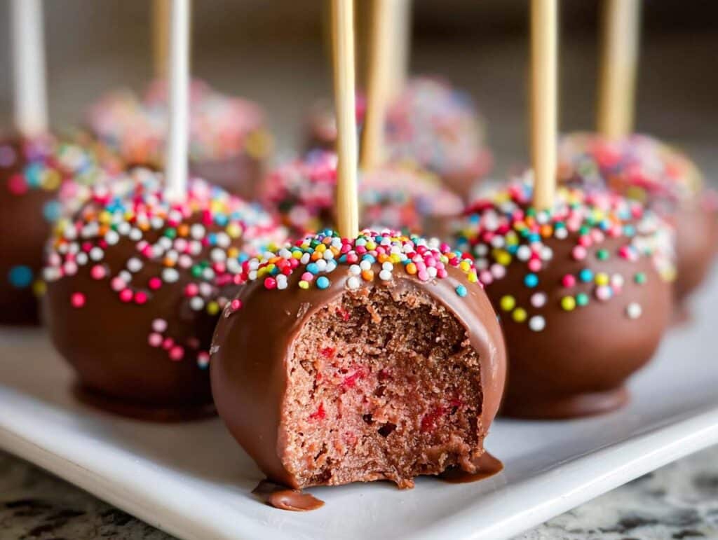 A close-up of a chocolate covered strawberry cake pop, partially eaten, revealing a pink cake center and colorful sprinkles.