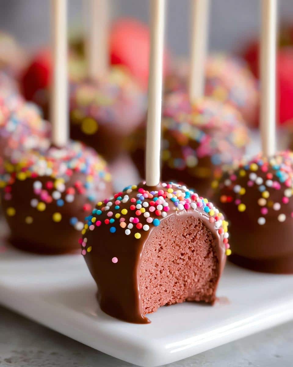 A close-up of a Chocolate Covered Strawberry Cake Pop, half-eaten, showing the moist cake inside and colorful sprinkles on top.