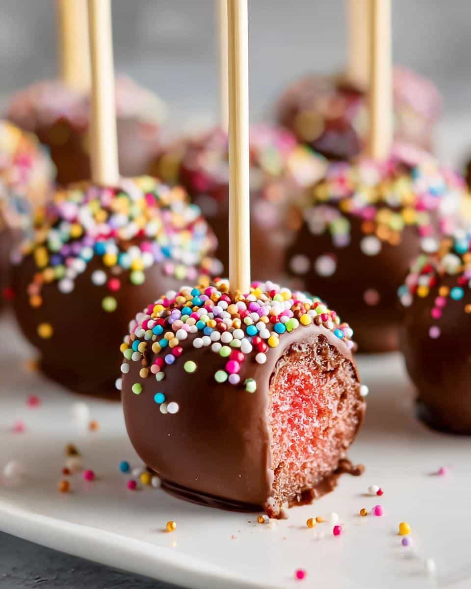 A close-up of a chocolate covered strawberry cake pop, half-eaten, showing the pink cake inside and covered in colorful sprinkles.