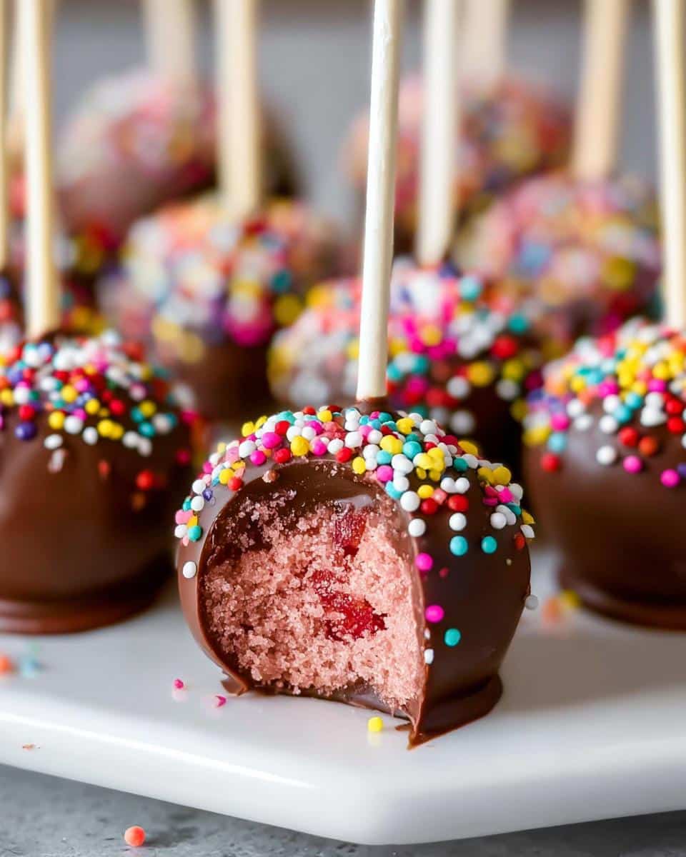 A close-up of a Chocolate Covered Strawberry Cake Pop, with a bite taken out, revealing pink cake and strawberry pieces, topped with colorful sprinkles.