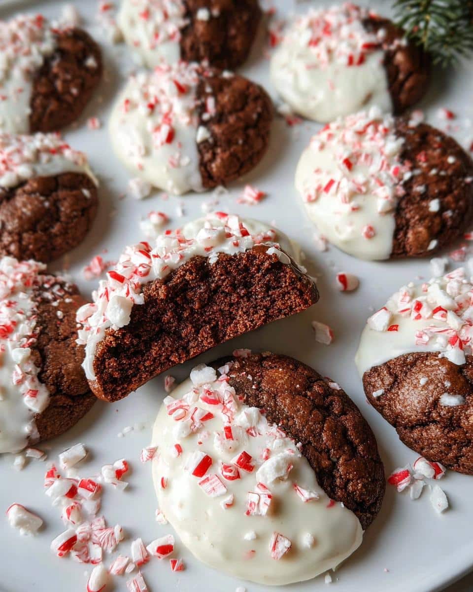 A close-up of Chocolate Peppermint Bark Cookies, half-dipped in white chocolate and sprinkled with crushed candy canes.