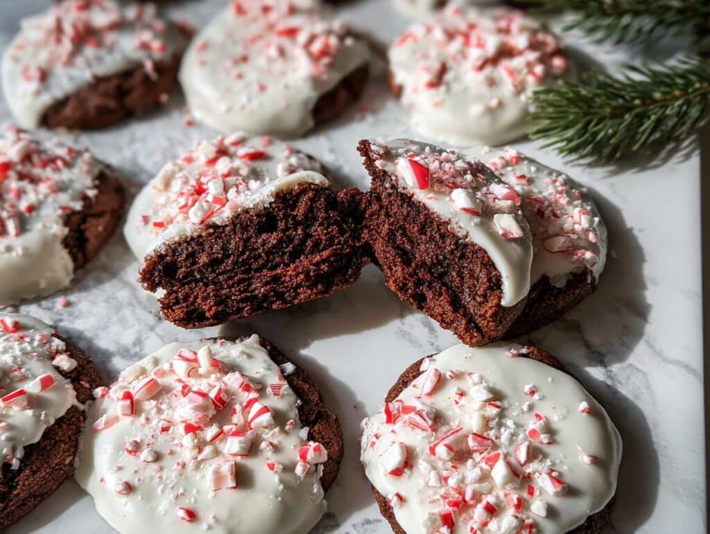 Close-up of chocolate peppermint bark cookies, one broken in half to show the rich chocolate interior and white chocolate coating with crushed peppermint.