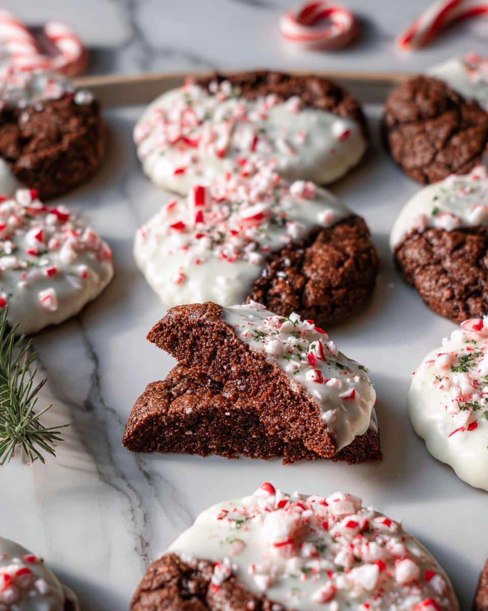 Close-up of Chocolate Peppermint Bark Cookies, half-dipped in white chocolate and sprinkled with crushed candy canes.