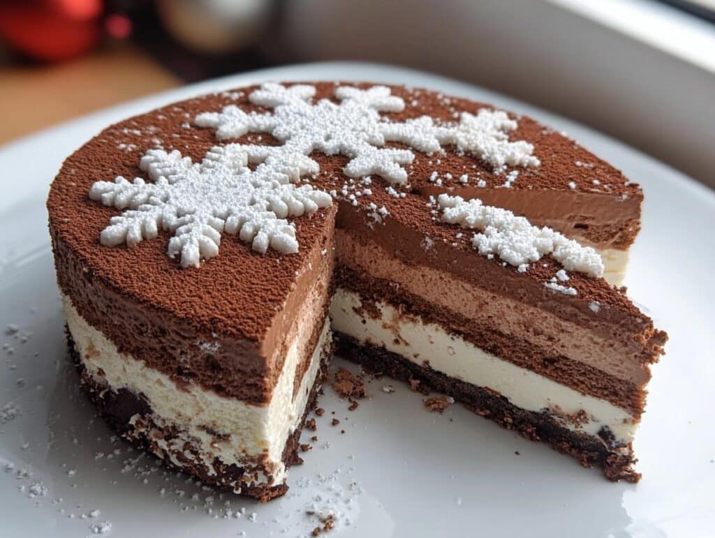 A slice of Chocolate Snowflake Cake with layers of chocolate mousse and white cream, decorated with white snowflakes.