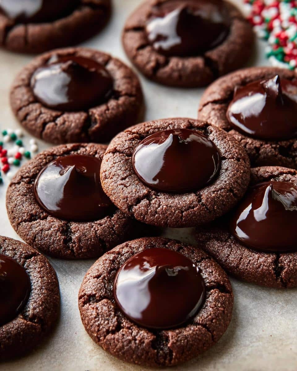 Close-up of several rich Chocolate Thumbprint Cookies filled with glossy dark chocolate ganache.