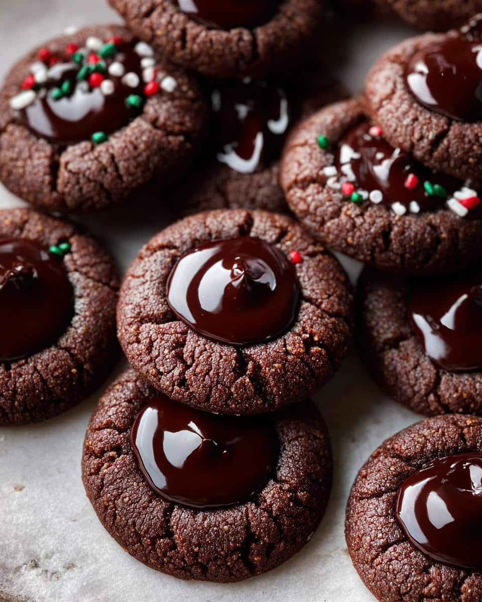 Close-up of rich chocolate thumbprint cookies filled with glossy chocolate ganache, some decorated with festive sprinkles.
