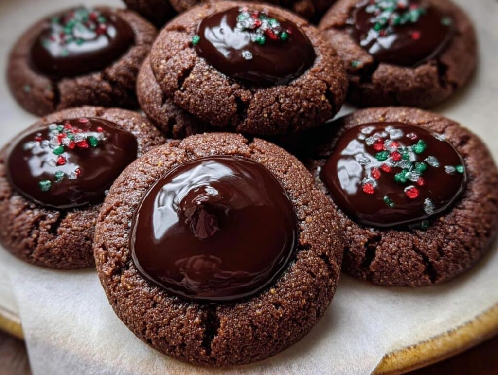 Close-up of several rich Chocolate Thumbprint Cookies topped with glossy chocolate ganache and festive red and green sprinkles.