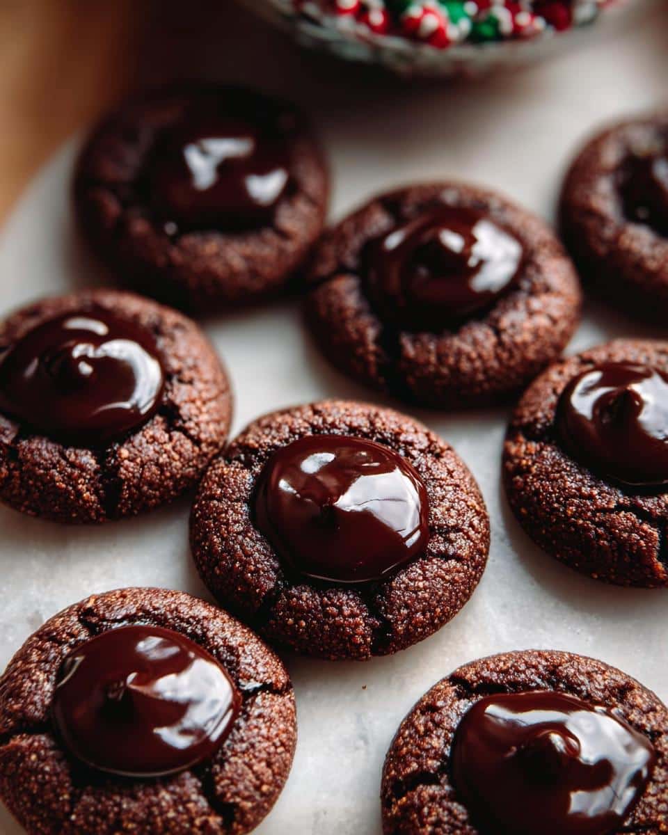Close-up of several rich Chocolate Thumbprint Cookies topped with glossy dark chocolate ganache.