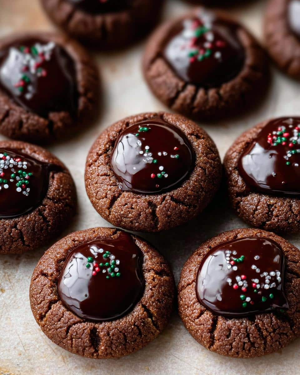 Close-up of festive Chocolate Thumbprint Cookies filled with glossy chocolate ganache and topped with red, green, and white sprinkles.