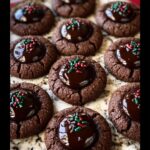 Close-up of several rich chocolate thumbprint cookies topped with glossy chocolate ganache and festive red and green sprinkles.