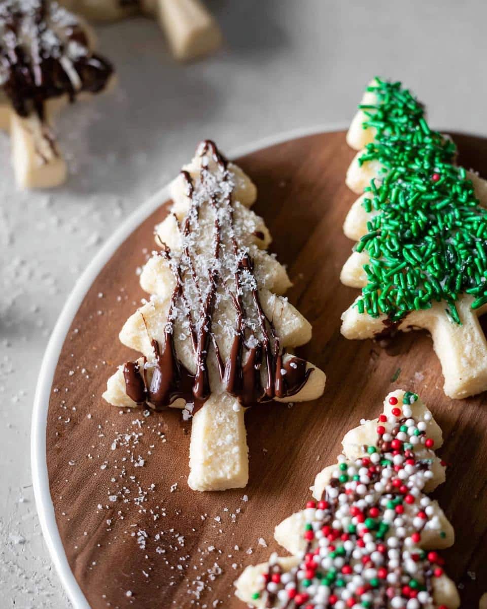 Close-up of three Christmas shortbread trees decorated with chocolate drizzle, sprinkles, and festive colors.