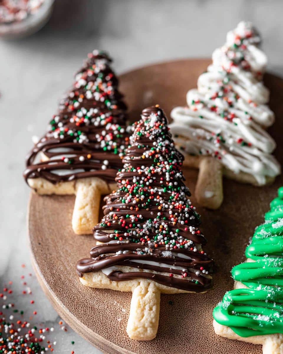 Close-up of Christmas shortbread trees decorated with chocolate, white, and green icing and colorful sprinkles.