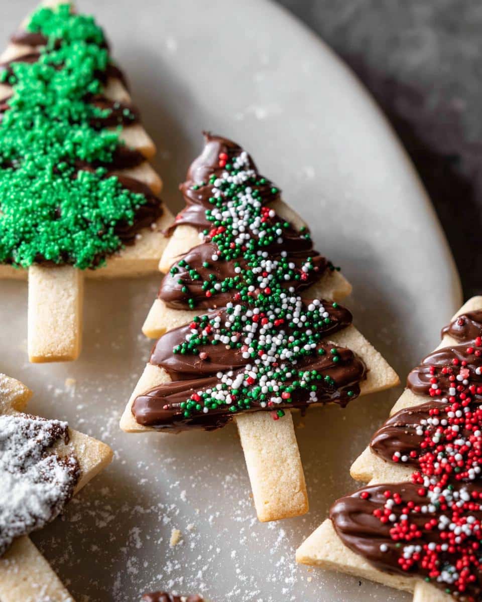 Close-up of festive Christmas Shortbread Trees decorated with chocolate and colorful sprinkles.