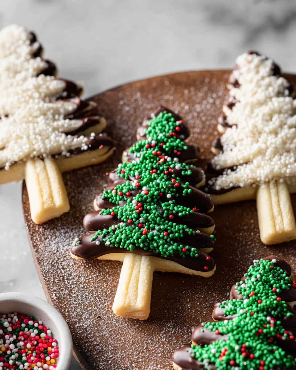 Close-up of festive Christmas Shortbread Trees decorated with chocolate and colorful sprinkles on a wooden board.
