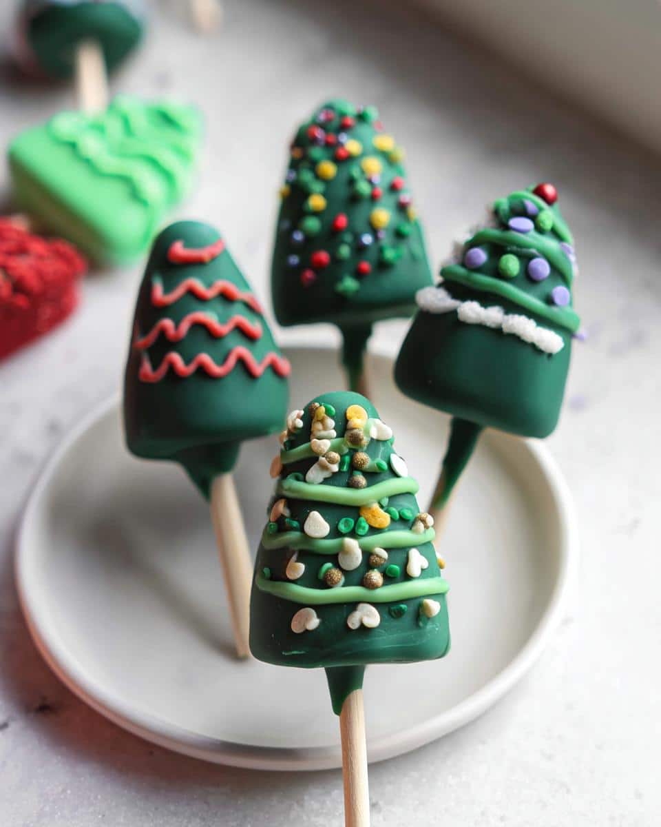 A close-up of several green Christmas Tree Cake Pops decorated with sprinkles and icing.