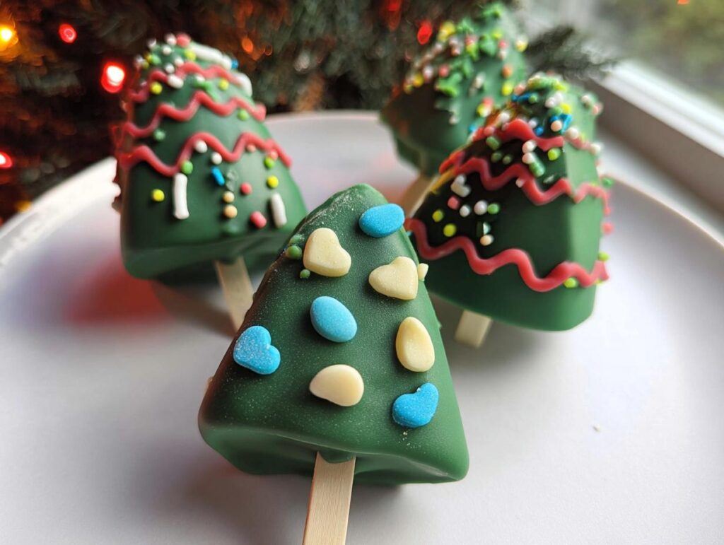 Close-up of festive Christmas Tree Cake Pops decorated with green frosting, red icing, and colorful sprinkles.