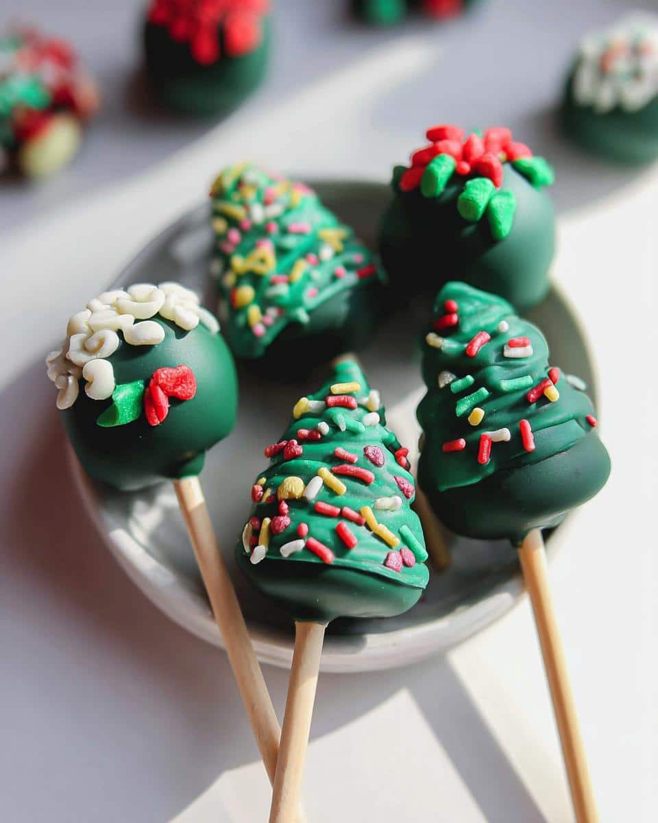 Close-up of several green Christmas Tree Cake Pops decorated with colorful sprinkles and festive toppings on a plate.