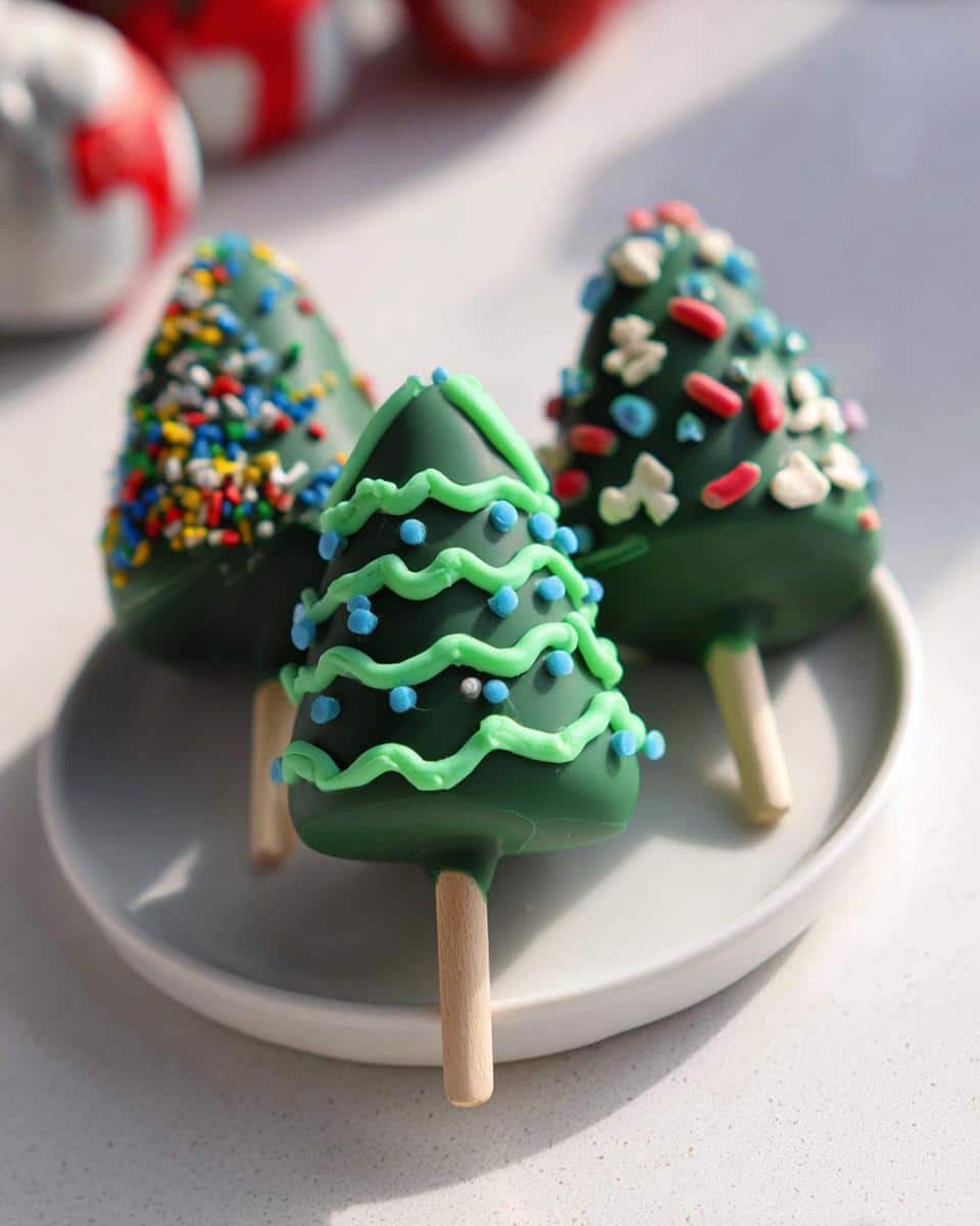 Three festive Christmas Tree Cake Pops decorated with green icing and colorful sprinkles on a plate.