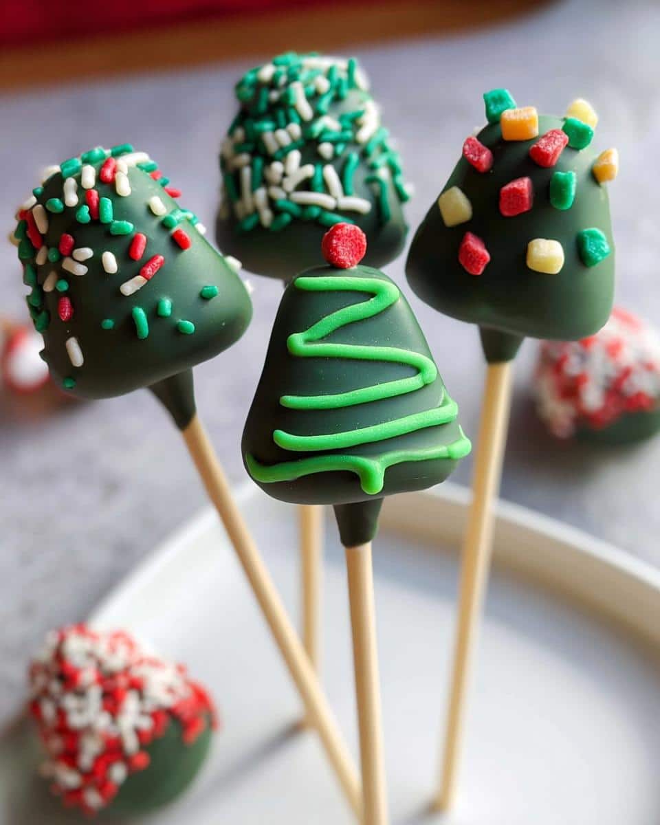 Close-up of four festive Christmas Tree Cake Pops decorated with green frosting and sprinkles.