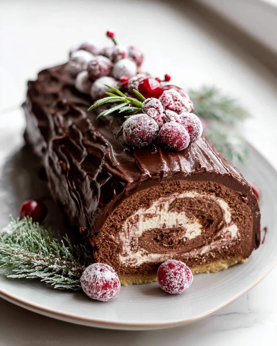 A slice of Classic Buche de Noël (Yule Log) cake with chocolate frosting, cream filling, and sugared cranberries.