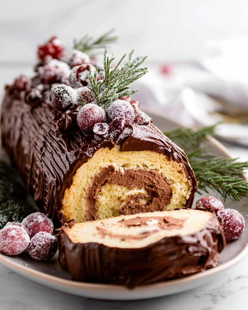A slice of Classic Buche de Noël (Yule Log) cake with chocolate frosting and festive cranberry and rosemary decoration.