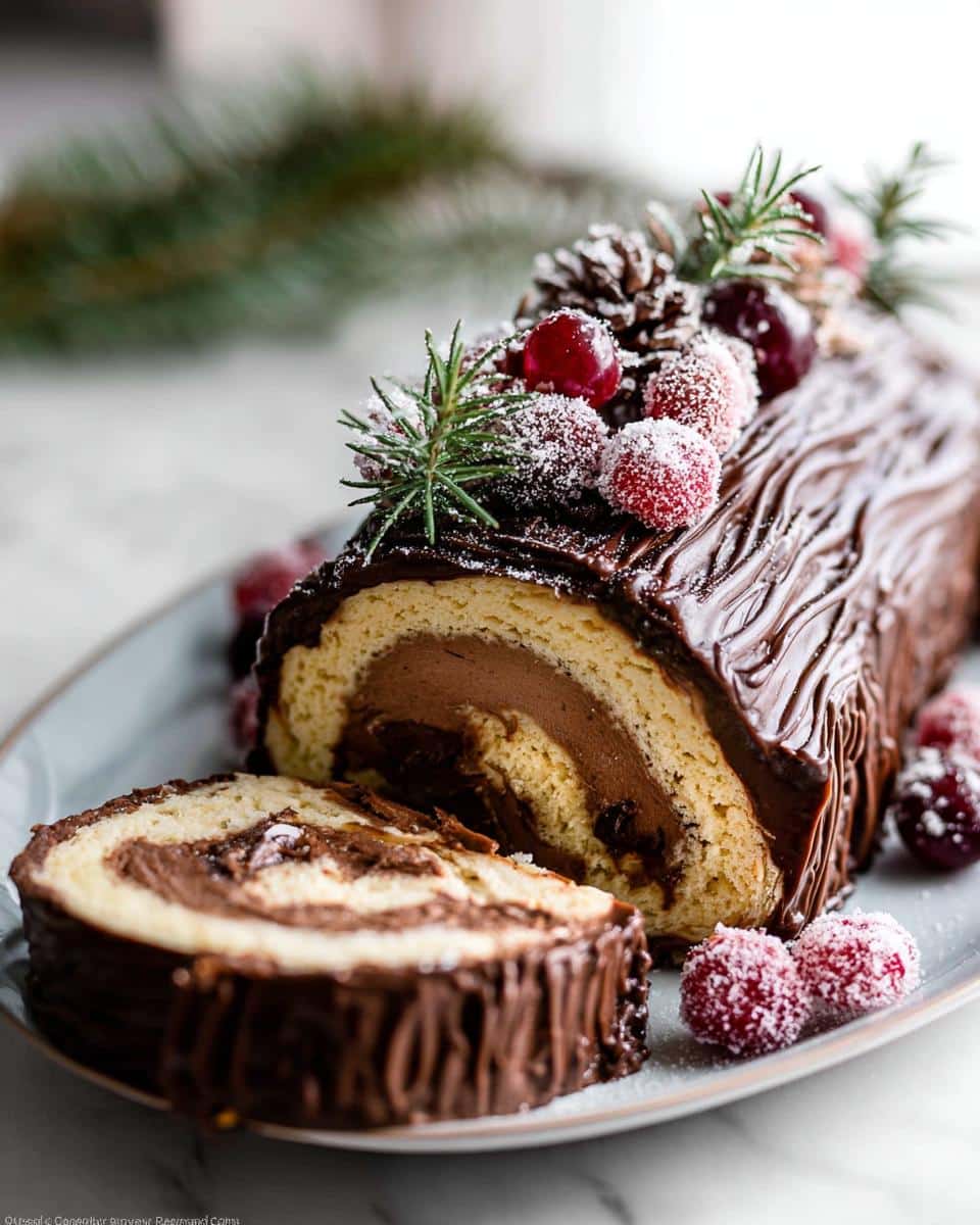 A slice of Classic Buche de Noël yule log cake with rich chocolate filling, decorated with cranberries and pine.