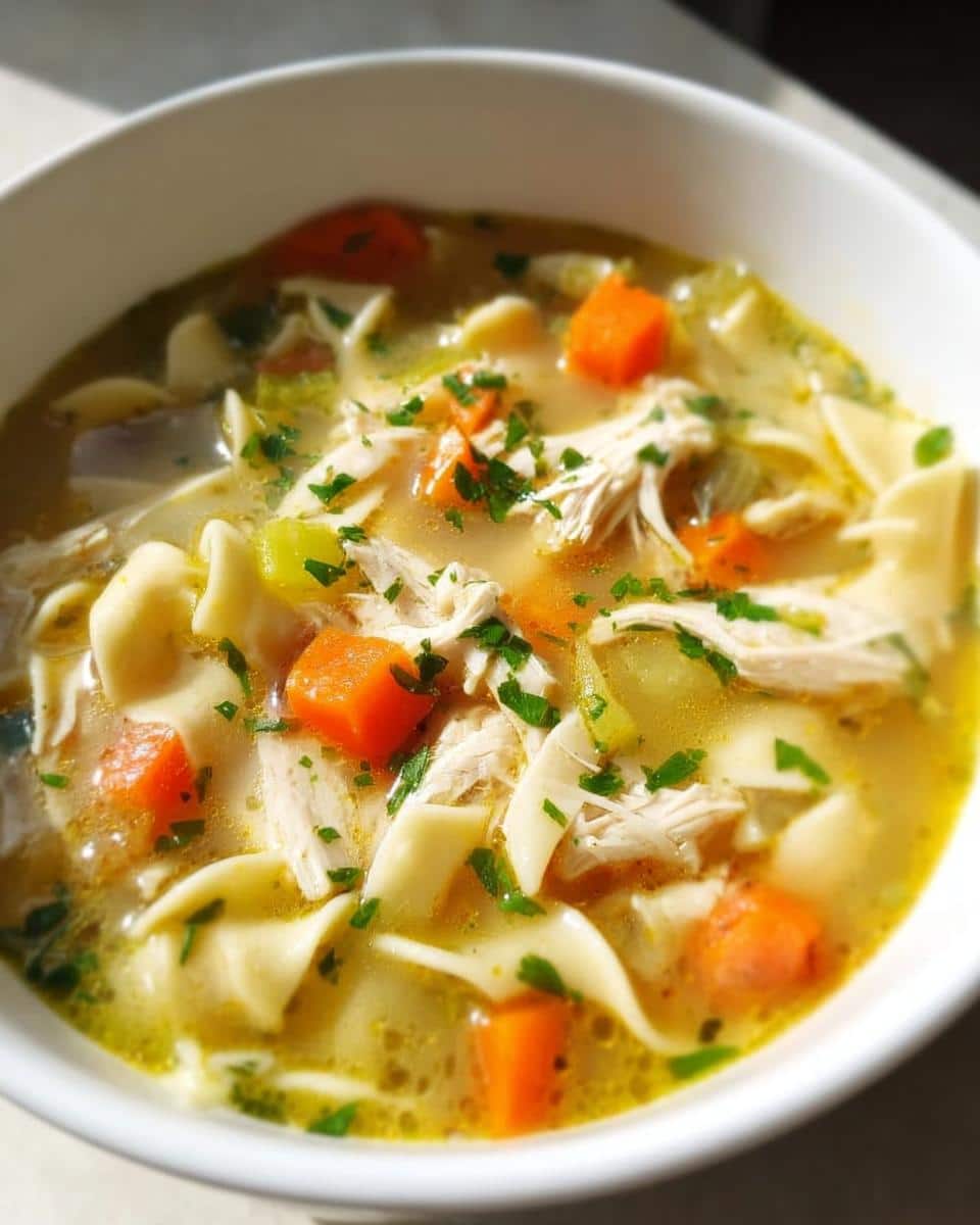 A close-up of a steaming bowl of Classic Chicken Noodle Soup with wide egg noodles, shredded chicken, and diced carrots, garnished with parsley.