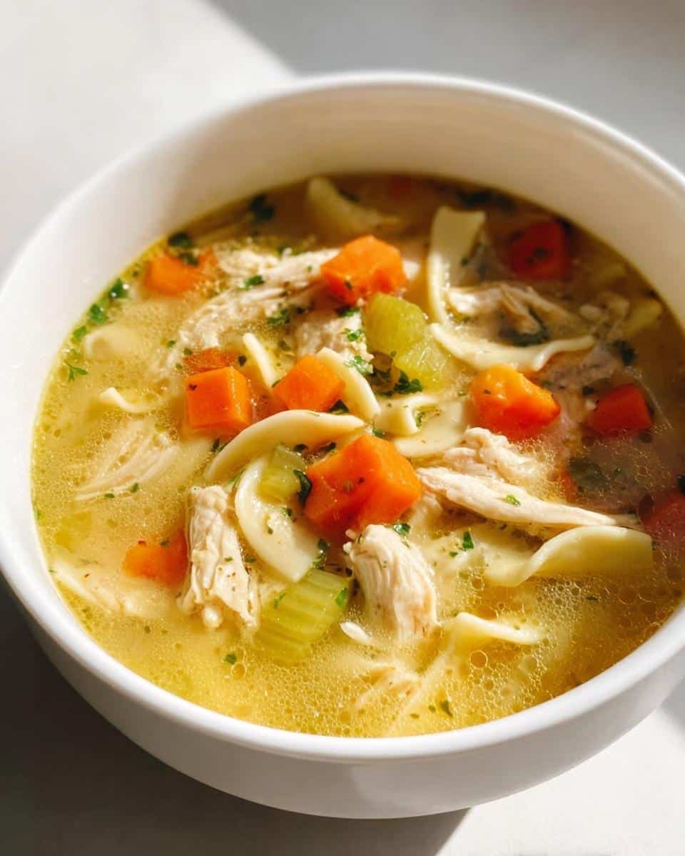 A close-up of a white bowl filled with Classic Chicken Noodle Soup, featuring noodles, shredded chicken, carrots, and celery.