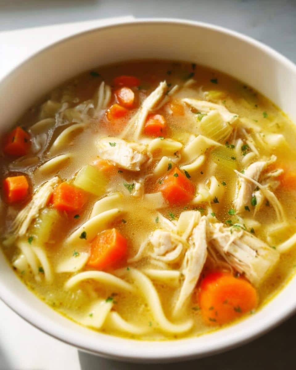 A close-up of a white bowl filled with Classic Chicken Noodle Soup, featuring noodles, shredded chicken, carrots, and celery.