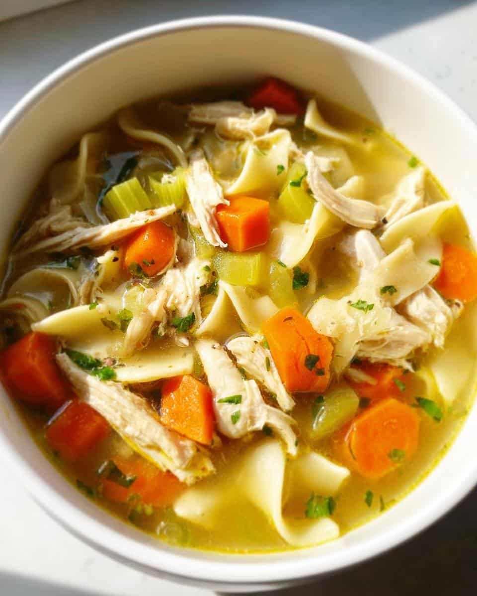 A comforting bowl of Classic Chicken Noodle Soup with wide noodles, shredded chicken, carrots, and celery.