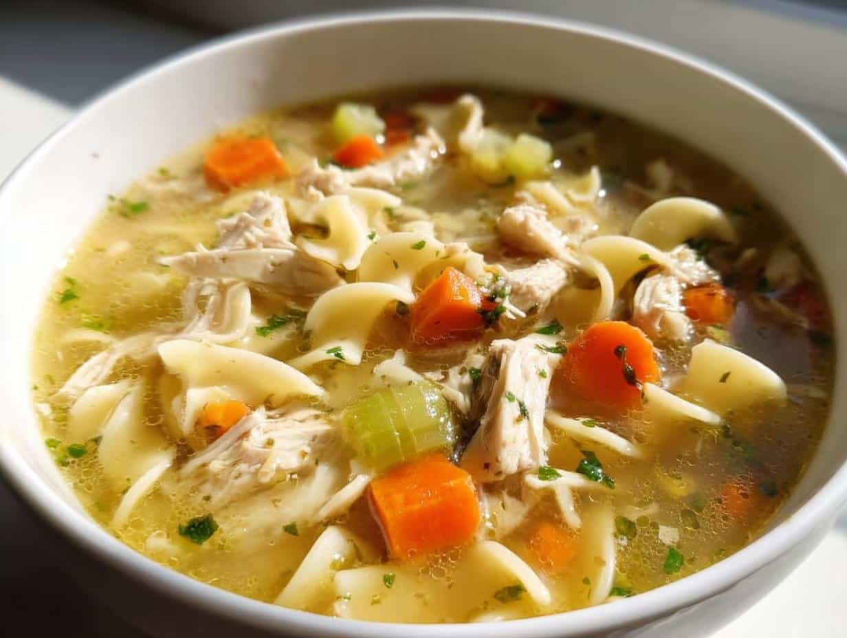 A close-up of a steaming bowl of Classic Chicken Noodle Soup, filled with noodles, chicken, carrots, and celery.