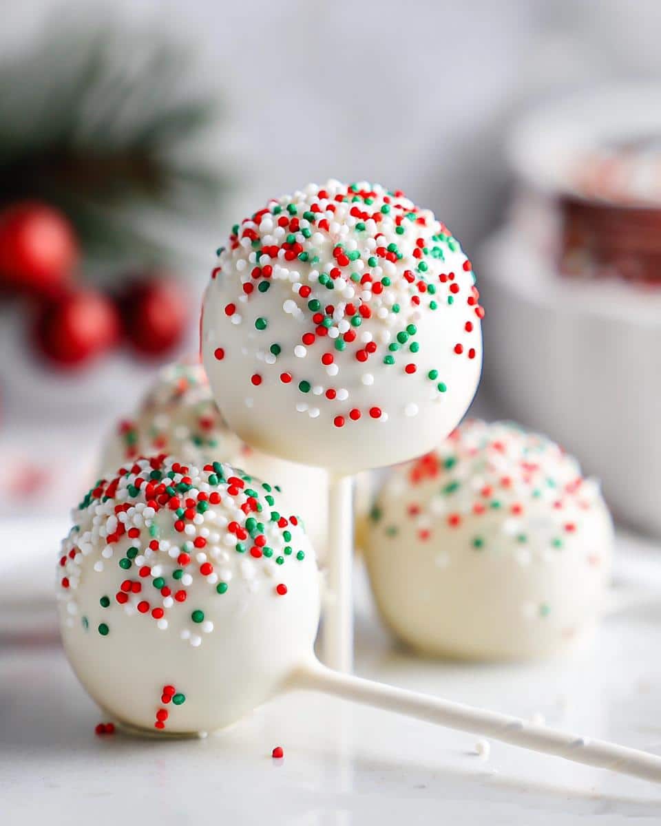 Close-up of Classic Christmas Cake Pops dipped in white chocolate and covered in red, green, and white sprinkles.