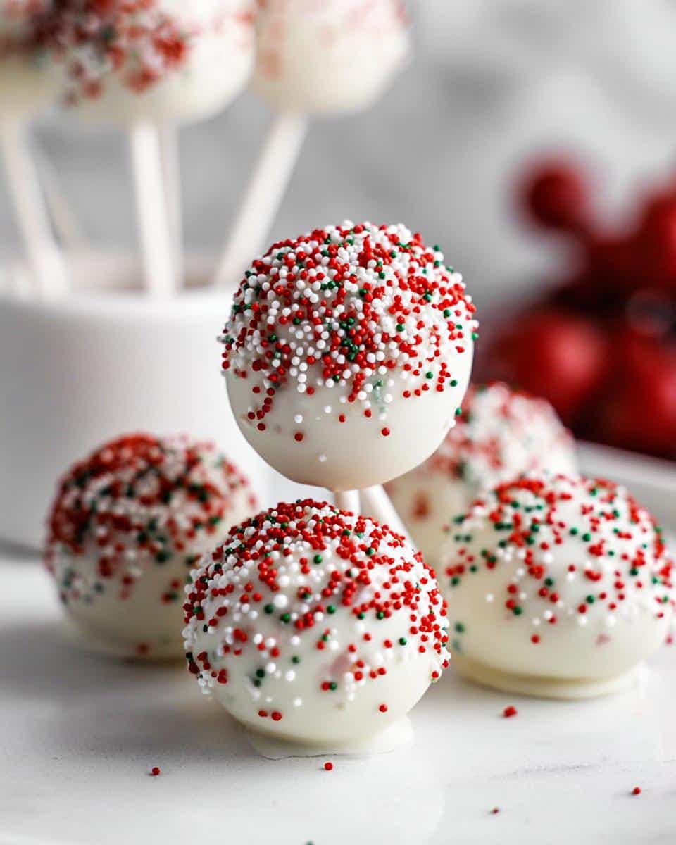 Close-up of Classic Christmas Cake Pops dipped in white chocolate and covered in red, green, and white sprinkles.